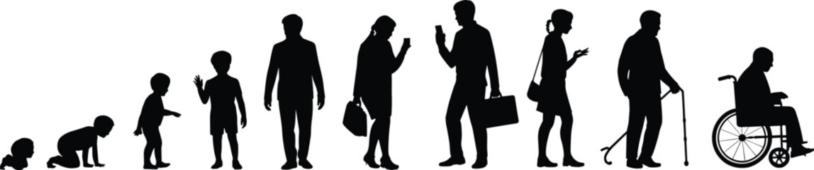 Human life cycle silhouette illustration, growth stages from baby to elderly, aging process concept, family generation evolution vector design art.