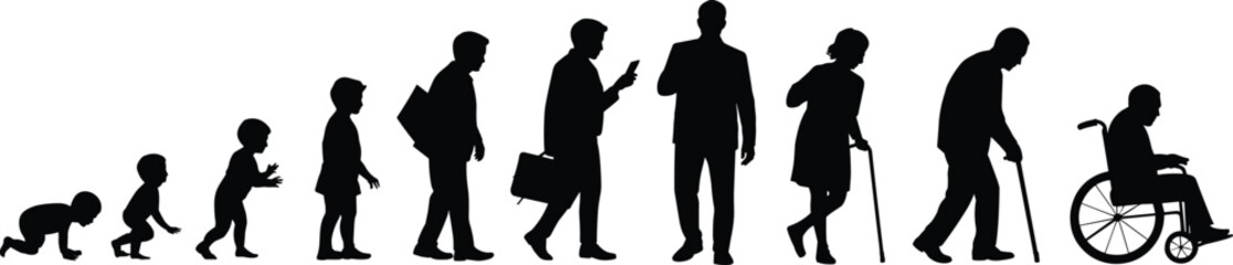 Human life stages silhouette illustration, from baby to elderly person in wheelchair, aging concept, growth, lifestyle, health, and development.