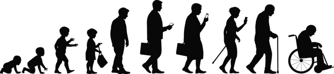 Human life stages silhouette, evolution from baby to elderly, aging concept, people growth and development vector illustration, generational progress art.
