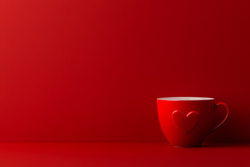 A striking image of a red cup with a heart symbol against a solid red backdrop, ideal for themes of love, passion, or Valentine's Day, symbolizing warmth and affection.