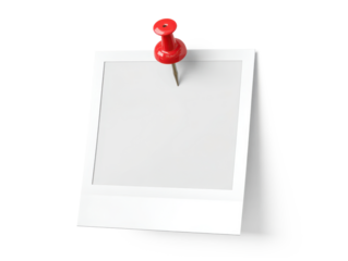 blank white instant photo frame with shadow pinned to the wall with red pushpin isolated on white or transparent png