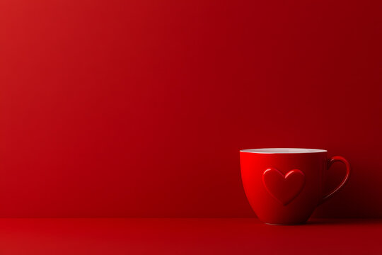 A striking image of a red cup with a heart symbol against a solid red backdrop, ideal for themes of love, passion, or Valentine's Day, symbolizing warmth and affection. - Powered by Adobe