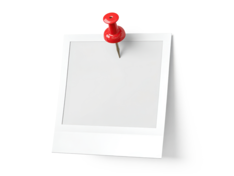 blank white instant photo frame with shadow pinned to the wall with red pushpin isolated on white or transparent png