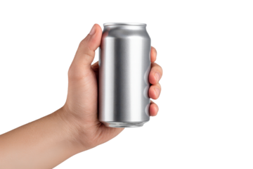 hand holding blank silver tin can soda drink with no label isolated on white or transparent png