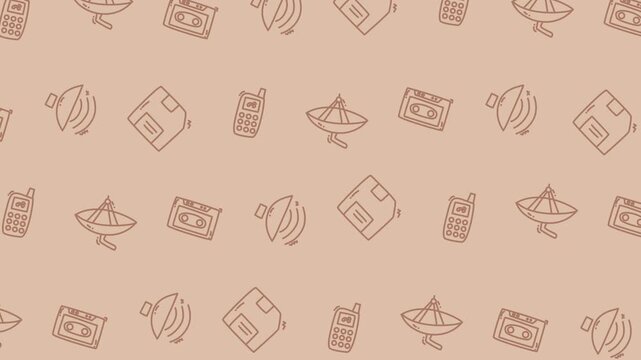 Retro technology wave pattern computer background with vintage floppy disks, cassette tapes, and old cell phones, representing digital evolution and communication history