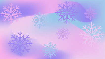 A whimsical pastel Christmas background featuring a snowy village scene with stylized houses, pine trees, and falling snowflakes. 