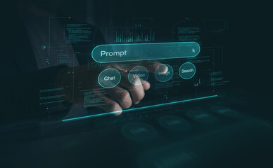 Businessman writing a prompt on a futuristic virtual screen to command a generative AI tool