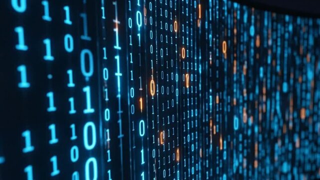Digital stream of binary code flowing data abstract technology background glowing blue and orange numbers on dark screen futuristic cyberspace concept
