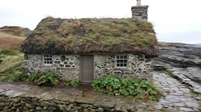 Stone cottage with thatched roof on coastline under overcast sky