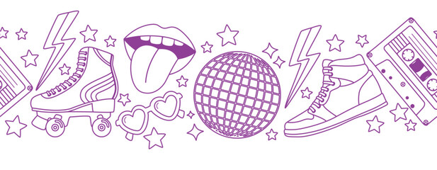 Seamless border with elements from 80s-90s in doodle style. Horizontal pattern with retro objects
