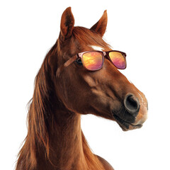 A horse with a shiny brown coat sports stylish sunglasses while standing calmly against a white backdrop