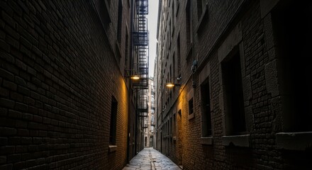 Narrow urban alleyway with brick walls and fire escape in low light