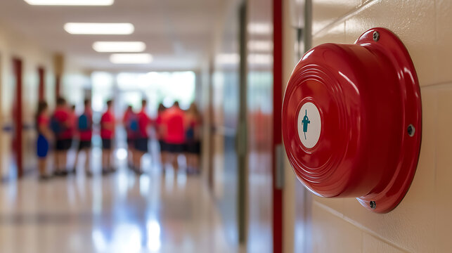 Emergency fire alarm in a school hallway, emphasizing safety protocols for students. A red alarm on the wall is visible, with kids in the background, in a safety-first environment.