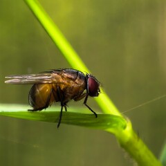 Fly resting on green leaf in sunlight