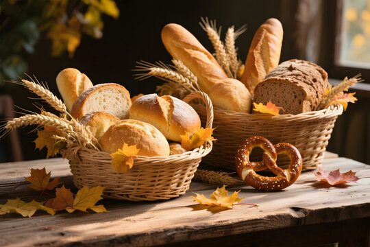 Fresh bread and pretzel in wicker baskets with wheat and autumn leaves on wooden table, warm rustic bakery still life