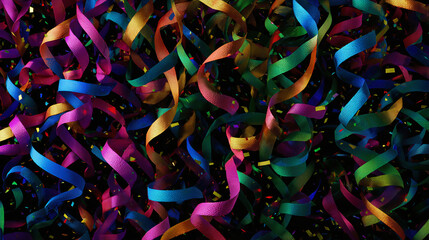Festive colorful party streamers in the air, creating a vibrant and celebratory atmosphere. The streamers twist and turn, adding a sense of movement and energy to the scene