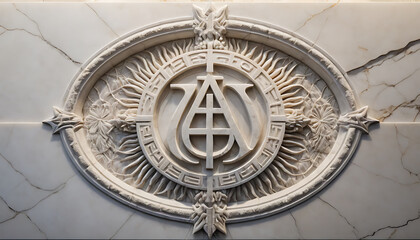 Obraz premium Intricate Carved Emblem on Marble Wall with Ornate Details in Neutral Tones