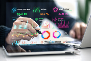 Optimizing Sustainable Growth: Professional Analyzing ESG Performance Dashboard on Digital Devices