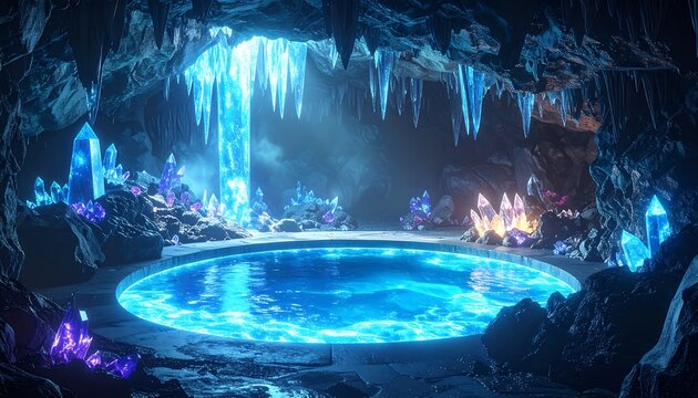 Mystical cavern with radiant blue pool and crystal formations, illuminated