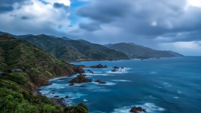 Coastal landscape with mountains and ocean under moody skies