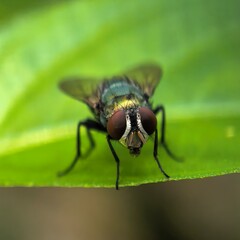 Shiny housefly perches on vibrant green leaf