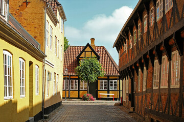 Colorful houses in Den Gamle By open-air museum in Aarhus, Denmark