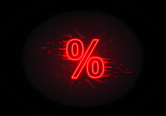 Neon red percentage symbol with motion blur on dark background  
