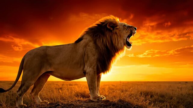 lion emits roar at sunset over savanna. mane flutters in warm wind. predator surveys golden grass and distant horizon. wildlife presence evokes nature. animal strength dignity captured in profile.