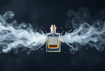 Aromatic essence in a glass bottle surrounded by smoke on a dark background