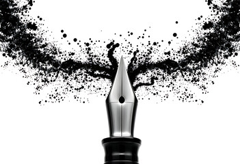 Closeup of a fountain pen with ink splatter isolated on white background