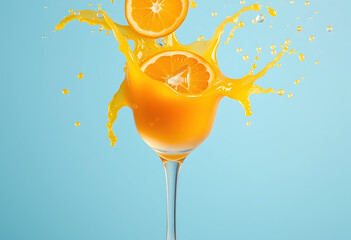 Fresh orange juice splashing out of a glass on a blue background