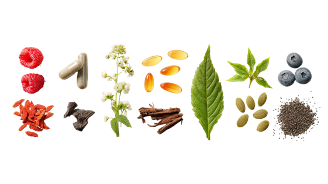 Ingredients. Capsules, berries, leaves, seeds on black