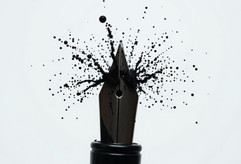 Closeup of a fountain pen nib with ink splash isolated on white background