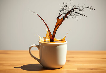 Coffee splashing out of a white mug on a wooden table in bright light
