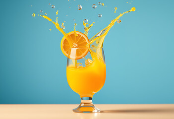 Orange juice splashing out of a glass with slice of orange on blue background
