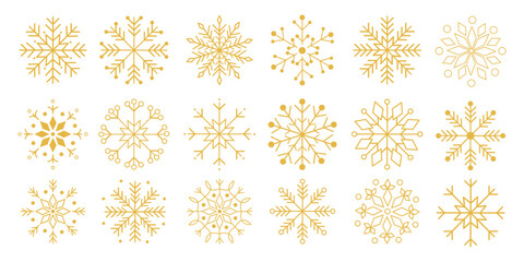 Golden snowflake icons on white background. Minimal geometric winter elements for Christmas and New Year decoration, greeting cards, wrapping paper, and festive vector designs.