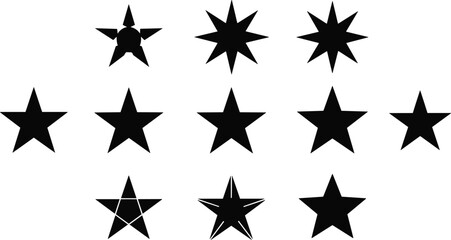 Black star icons collection, geometric vector symbols, abstract design elements, five-pointed and six-pointed stars, modern graphic shapes, isolated illustration set