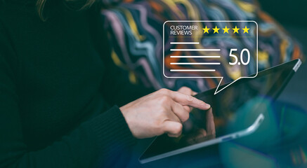 Positive customer feedback. Woman reviews 5-star rating on tablet. Girl write a good online review