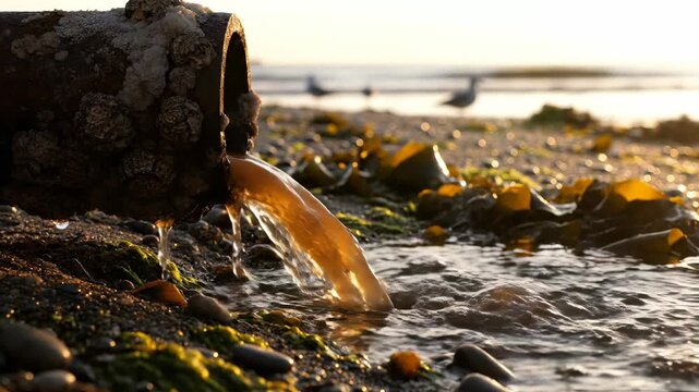 Water pollution pours from pipe. Brown wastewater discharge flows across seaweed on coast. Visible contamination and pollution enter sea. Environment concern framed by shoreline spill. Sewage visible.