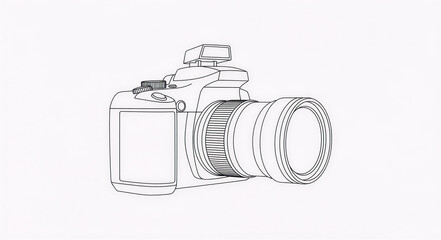 Isolated line drawing of a digital camera with lens and flash on a white background art design