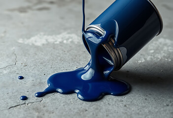 Blue paint spilling from a can onto a gray concrete surface in studio