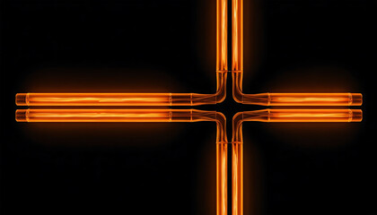 Orange Neon Cross Sign on Black Background for Religious or Decorative Use