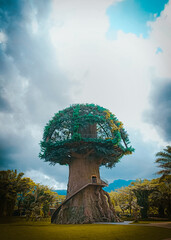 Impressive Giant Tree House Structure Against a Dramatic Sky