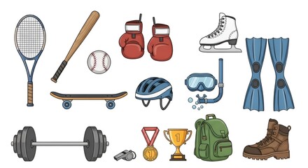 Illustration of various sports equipment including tennis racket and baseball bat and boxing gloves