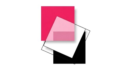 Abstract composition of pink, white, and black squares overlapping on a white background