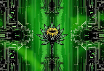 Abstract digital lotus flower with green circuit board background