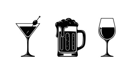 Illustration of a martini glass beer mug and wine glass in black and white style isolated on white