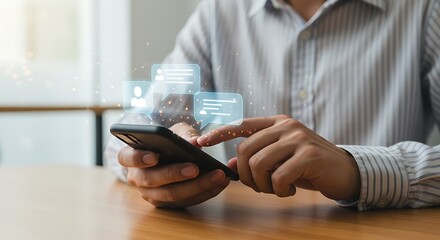 Man using a mobile phone to chat and connect online. Floating digital icons symbolize user profiles, social media connections, and messaging apps