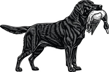 Hunting retriever dog holding duck in mouth detailed black design, wildlife animal art for hunting theme, cad drawing flat vector illustration
