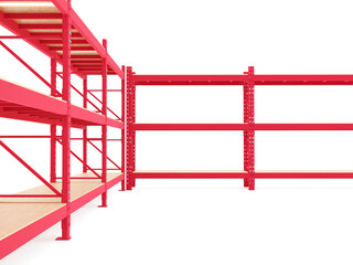 Red Heavy-duty industrial shelving racks with wooden shelves inside a warehouse. Steel storage system designed for logistics and inventory management. 3D rendering.